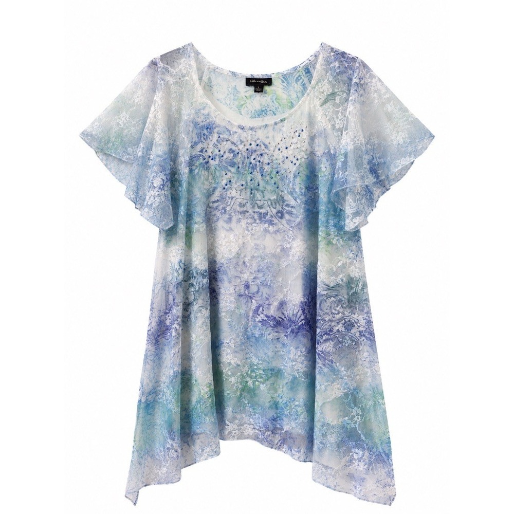 Cal Style USA Womens Blouse Top Blue Floral Lace Rhinestone Embellished Large